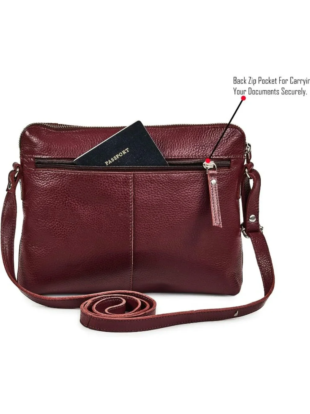 Women's Burgundy Genuine Leather Sling Purse with Adjustable Strap Crossbody bag